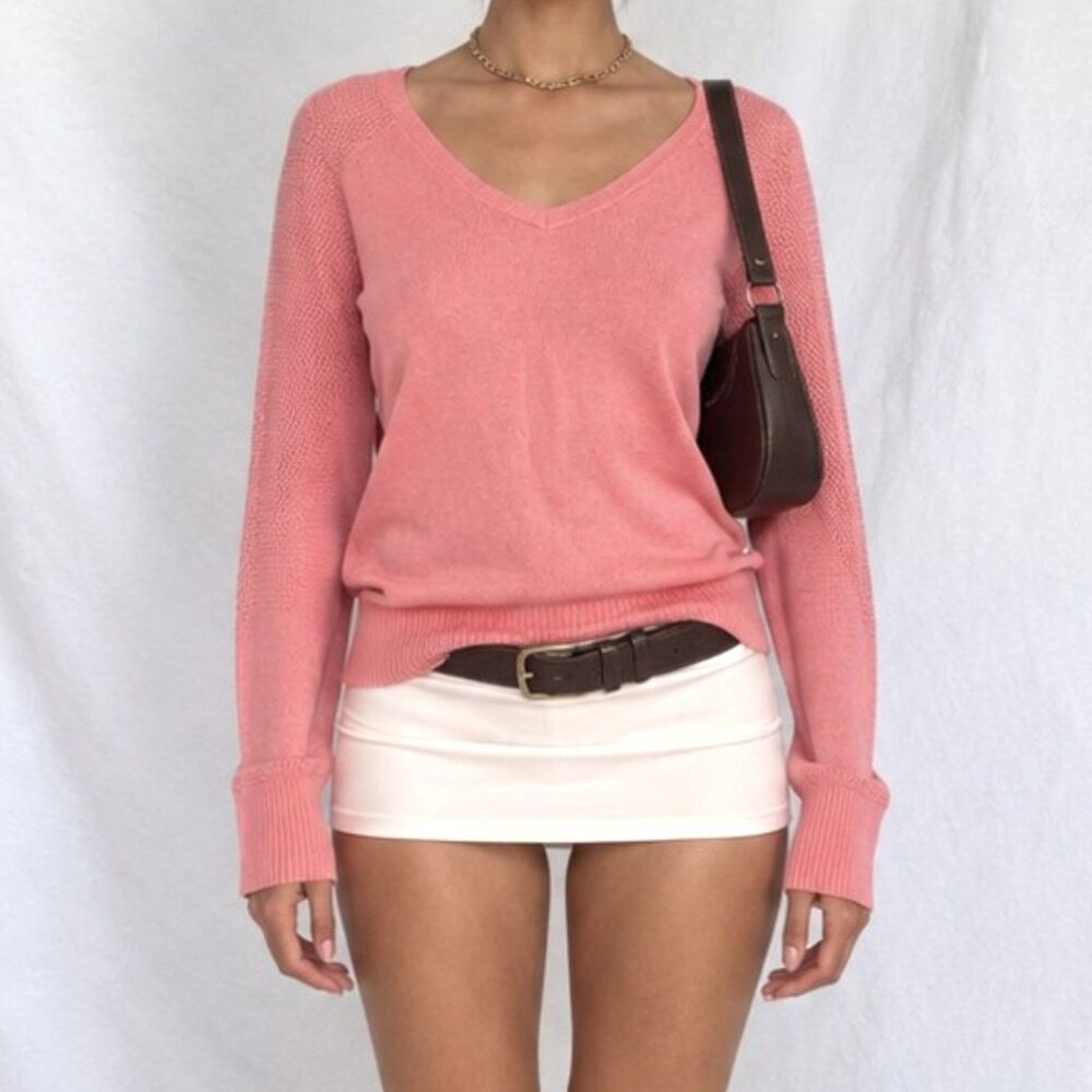 Vintage Y2K Salmon Pink V-Neck Long Sleeve Knit Casual Sweater Top Size XS/S